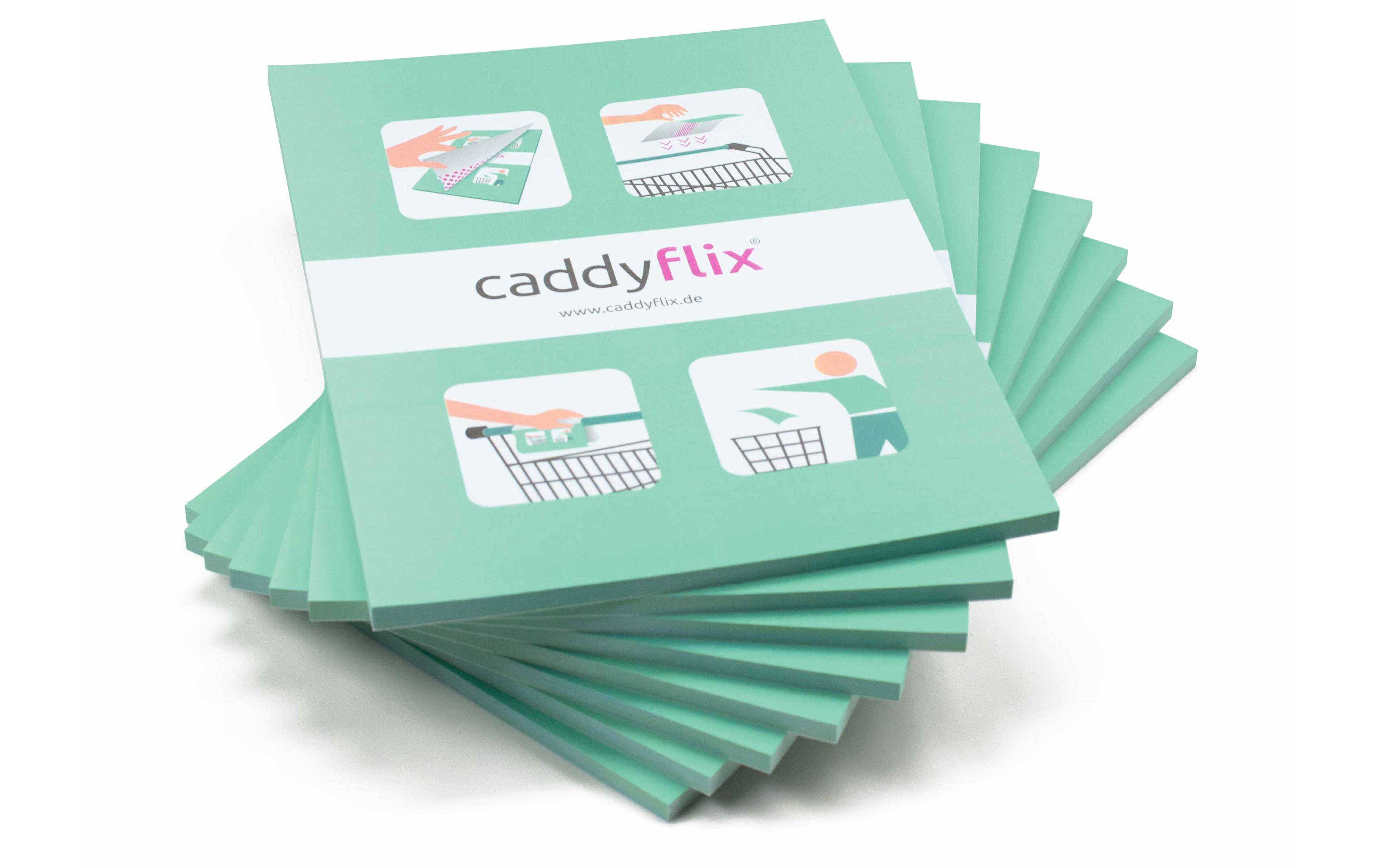 caddyflix ®, selbstklebender Hygieneschutz für Einkaufswagen (8 x 50 Blatt im Abreißblock)