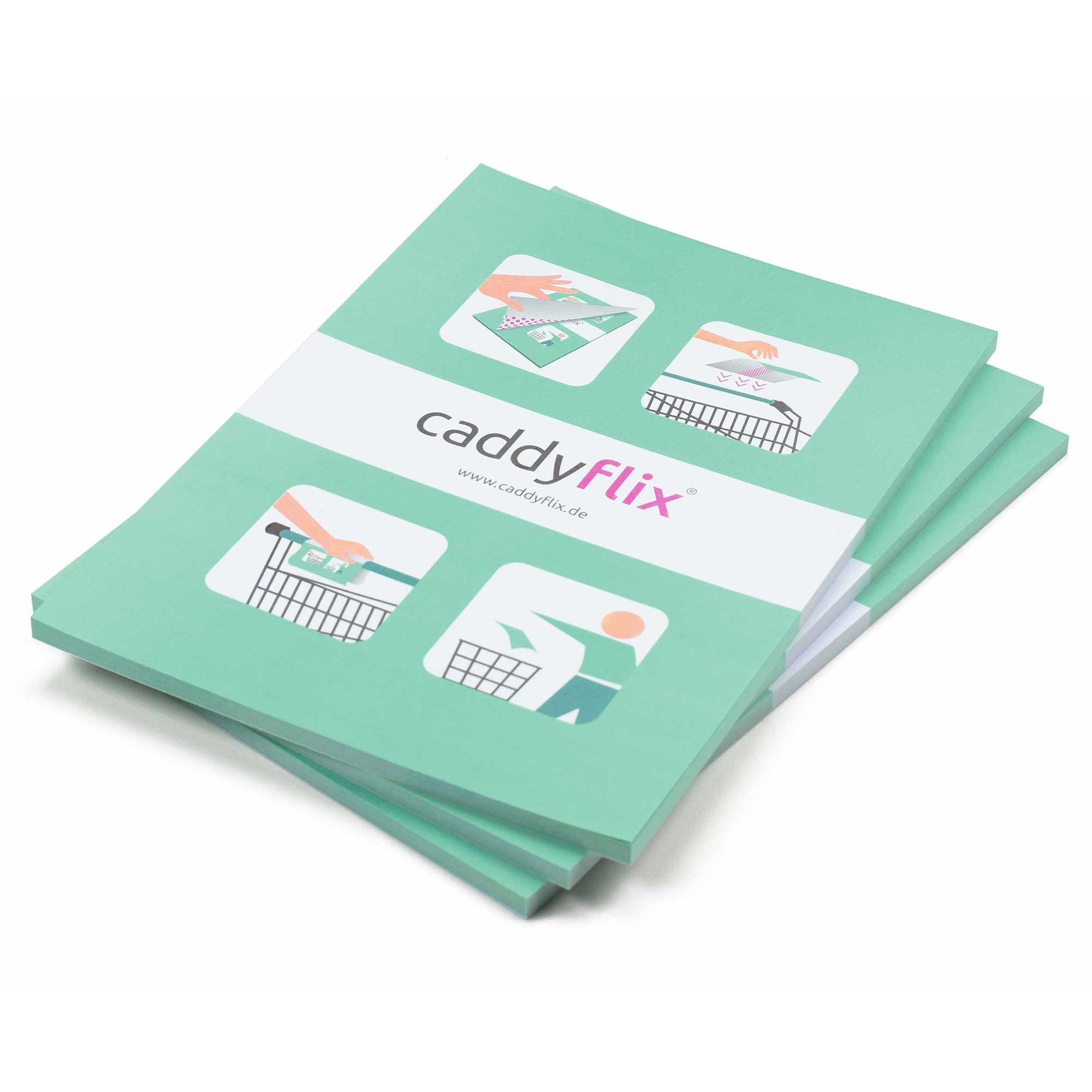 caddyflix ®, selbstklebender Hygieneschutz für Einkaufswagen (3 x 50 Blatt im Abreißblock)